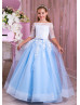 Off Shoulder White Lace Blue Tulle Pearls Embellished Flower Girl Dress